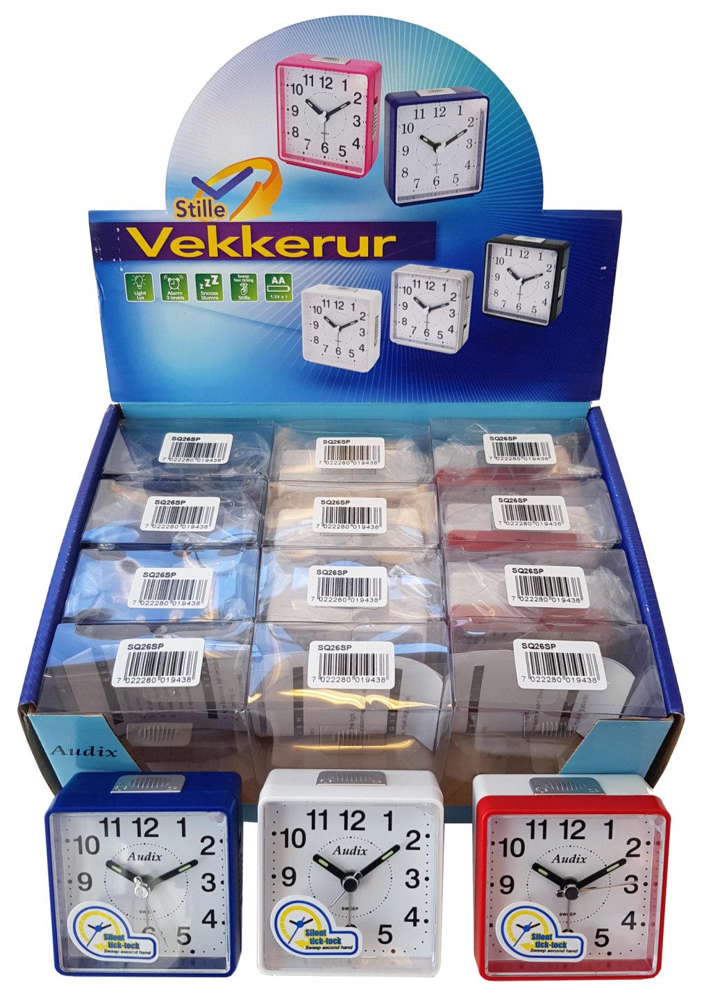 Vekkerur Audix display 12 pk. Ass farge, stille