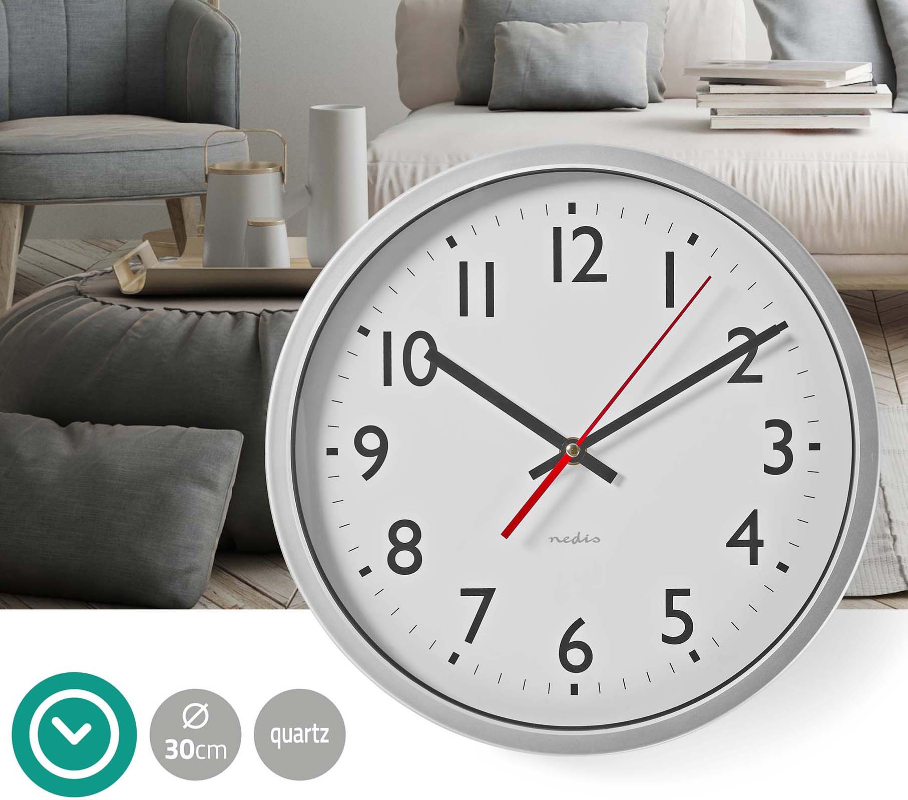 Veggur 30 cm Nedis sølv kant og quartz, CLWA110WT