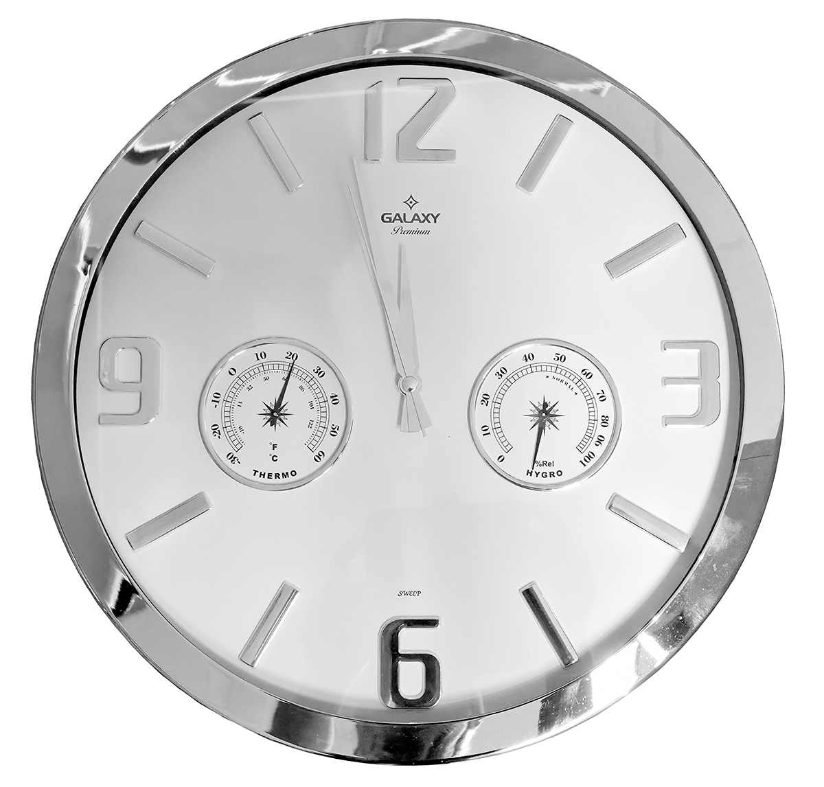 Veggur med term.hygr.Galaxy sølv kant 38 cm MK705