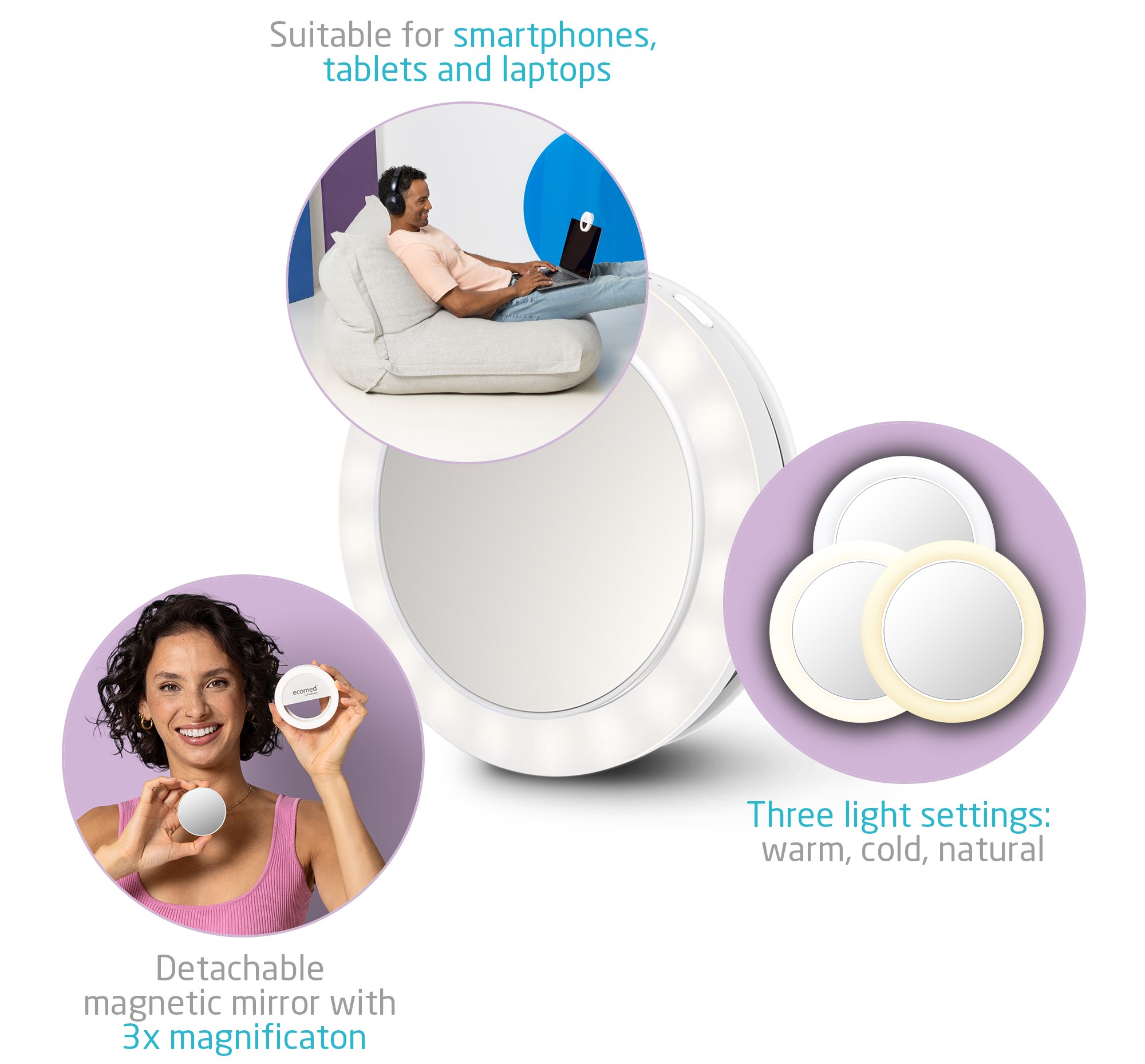 Selfie speil Ecomed CM20E,3 lysfarger, Kosmetikk 