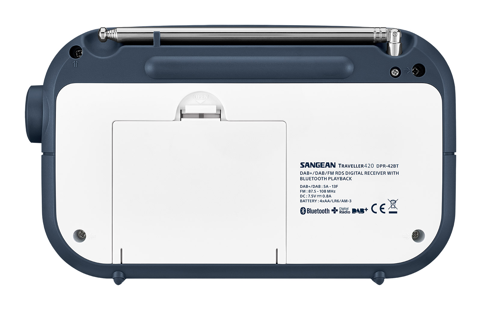 DAB radio Sangean DPR42 BT hvit/blå med blåtann.