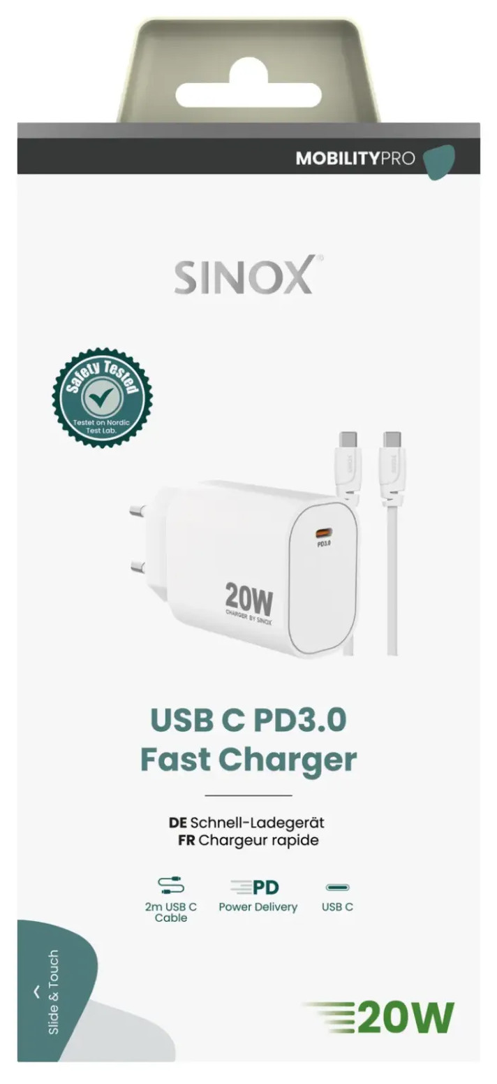 Sinox 20W USB-C PD lader, 2m lightning kabel, hvit