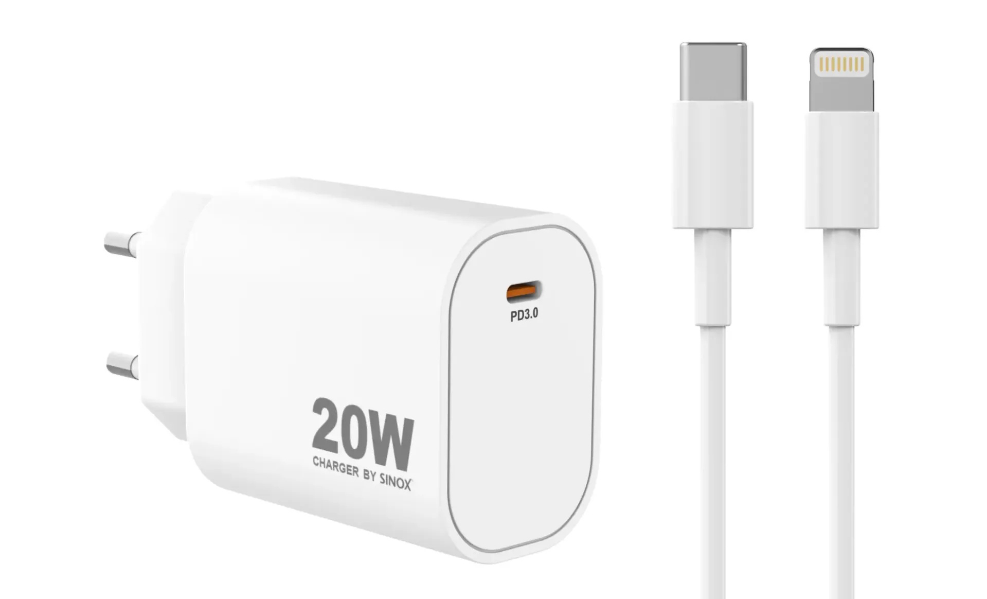Sinox 20W USB-C PD lader, 2m lightning kabel, hvit