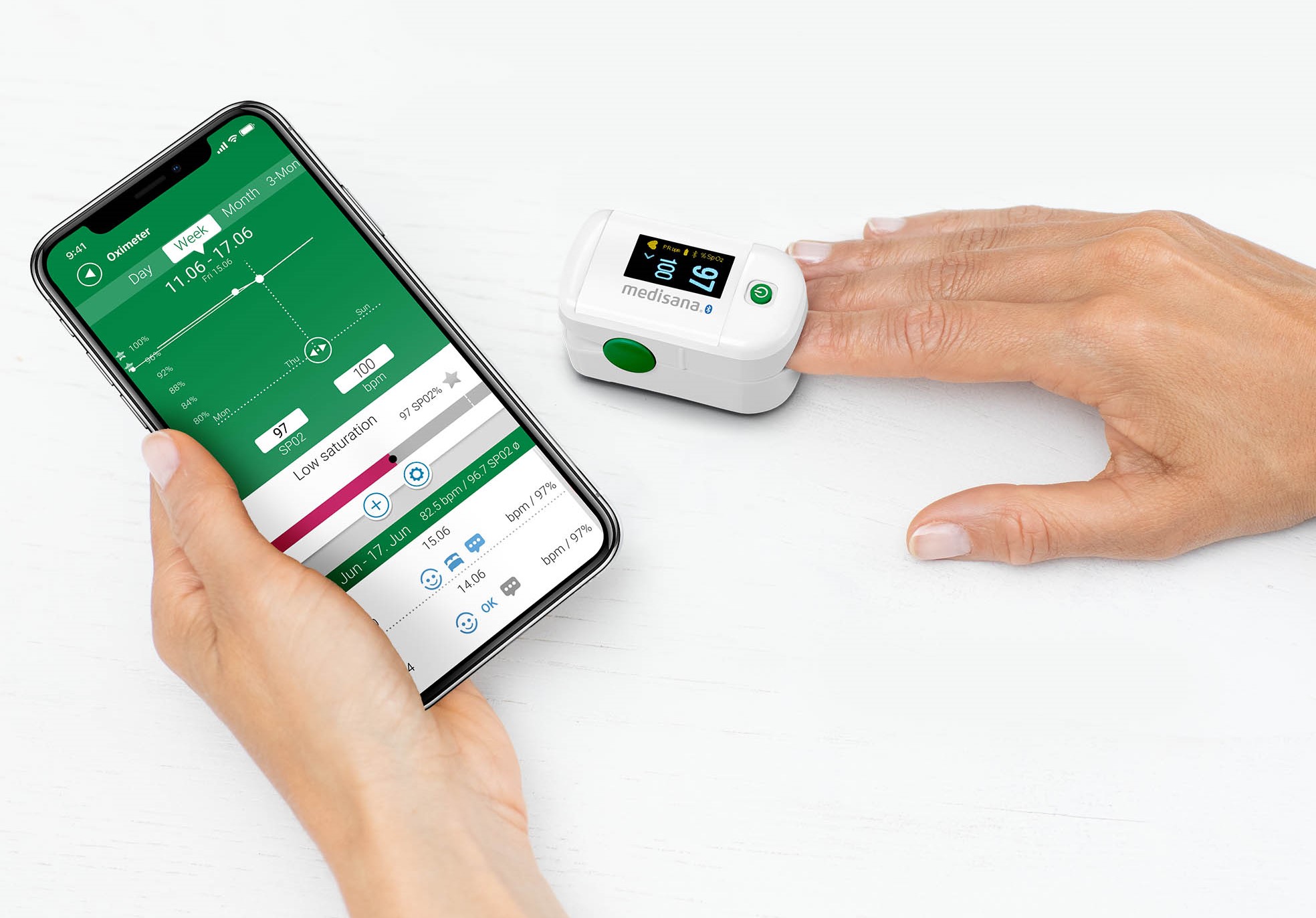 Pulsoximeter Medisana med blåtann til VitaDock app
