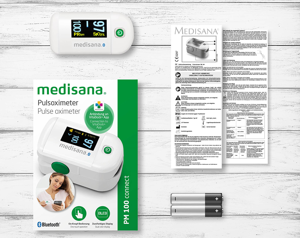 Pulsoximeter Medisana med blåtann til VitaDock app