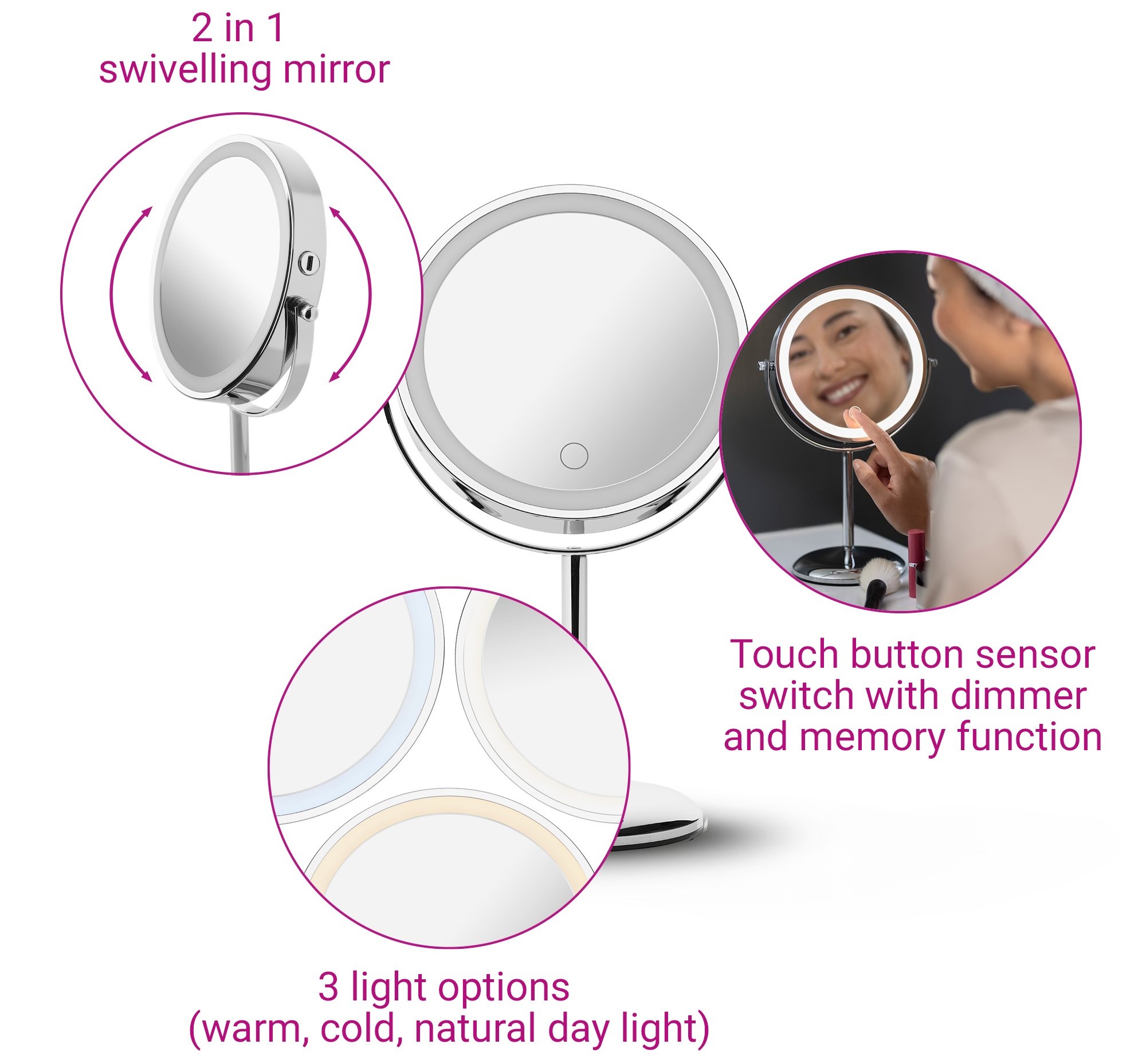 Sminkespeil Medisana CM 844, x7 og x1 forst. bordm